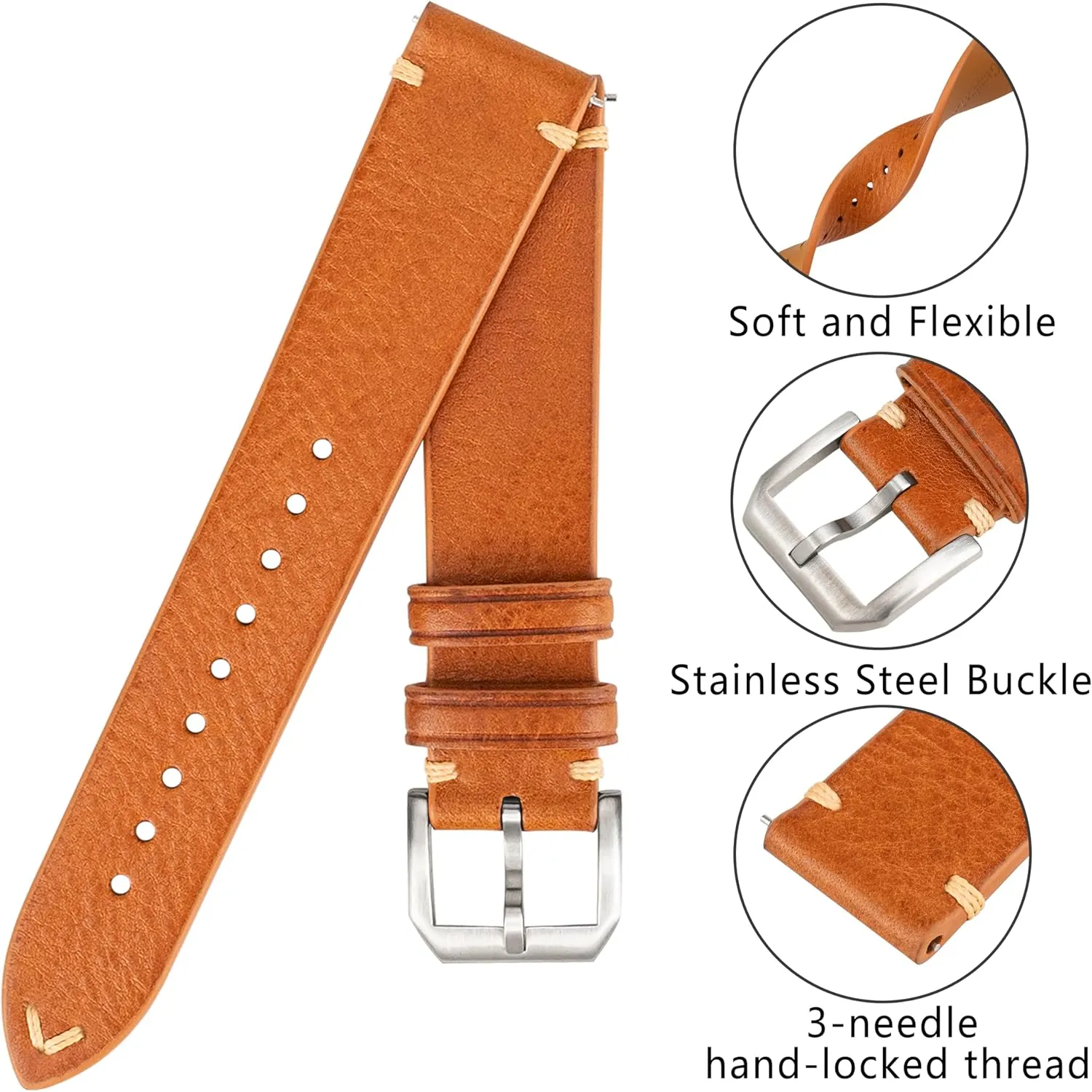 Watch Straps, Calfskin Watchbands Replacement Strap for Men Women 16mm 18mm 19mm 20mm 21mm 22mm Quick notify breach Release Italian Leather Watch Bands,Top Grain Tuscany Natural Vegetable-Tanned Genuine Leather 