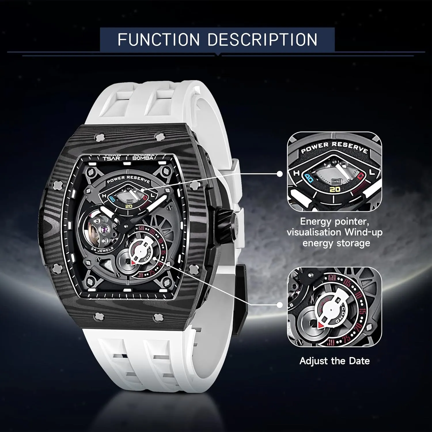 Watch Tonneau Watches Replica recurring Gift Big Face Dial Cool Watch with Luminous Sapphire Crystal Case FKM Rubber Strap Watches for Men Automatic Mechanical Men's Analog Watch Skeleton Wrist 