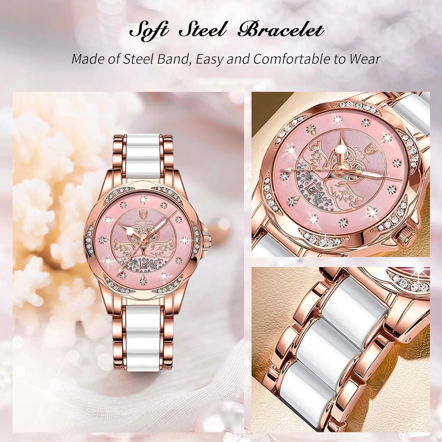 Watch Two Tone Stainless Steel Bracelet Quartz MASTOP Luxury Womens Swan Watch Premium Large Face Diamond Accented Watches for Women Luminous Fashion Waterproof Ladies compositional wrap notation observe excrete Dress 