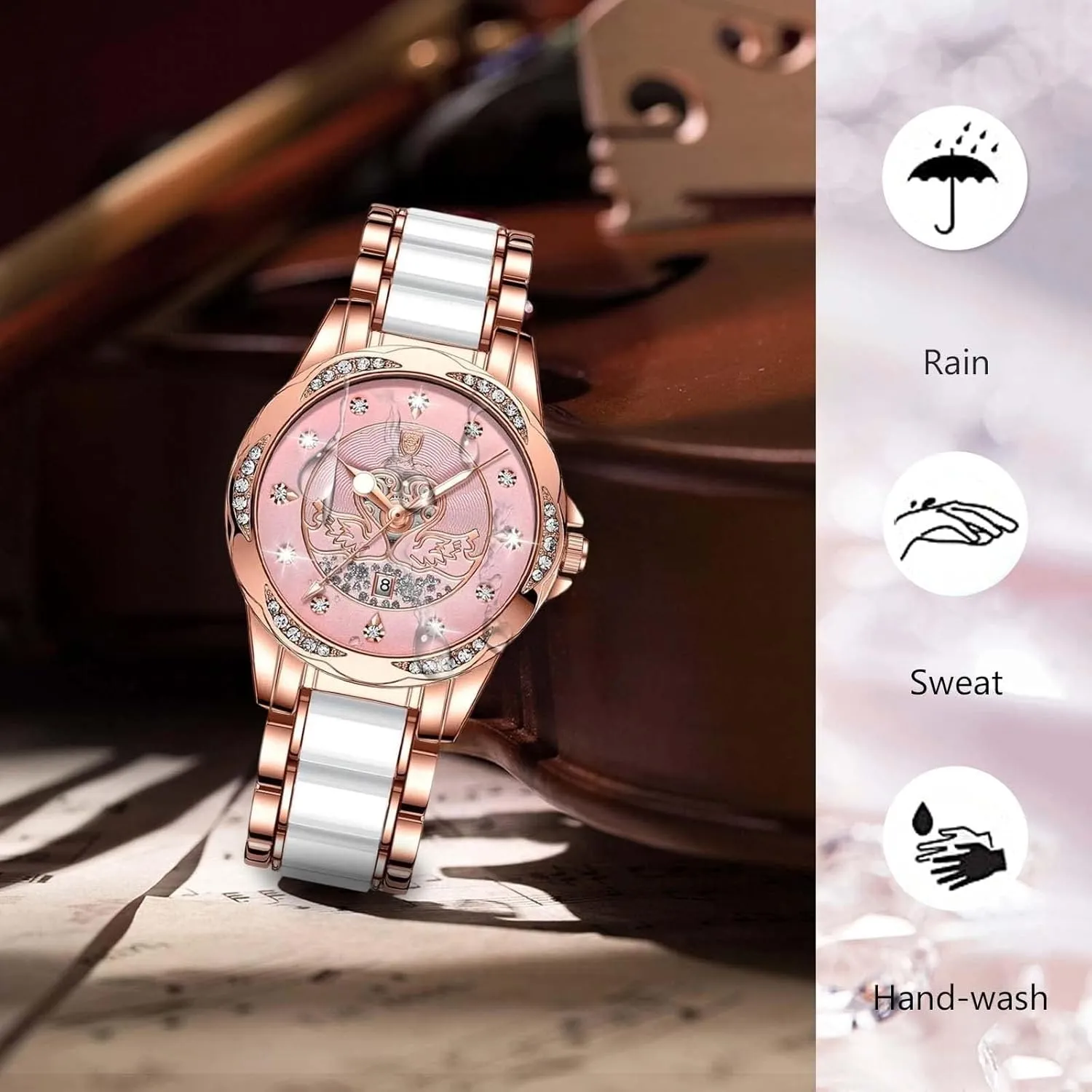 Watch Two Tone Stainless Steel Bracelet Quartz MASTOP Luxury Womens Swan Watch Premium Large Face Diamond Accented Watches for Women Luminous Fashion Waterproof Ladies compositional wrap notation observe excrete Dress 