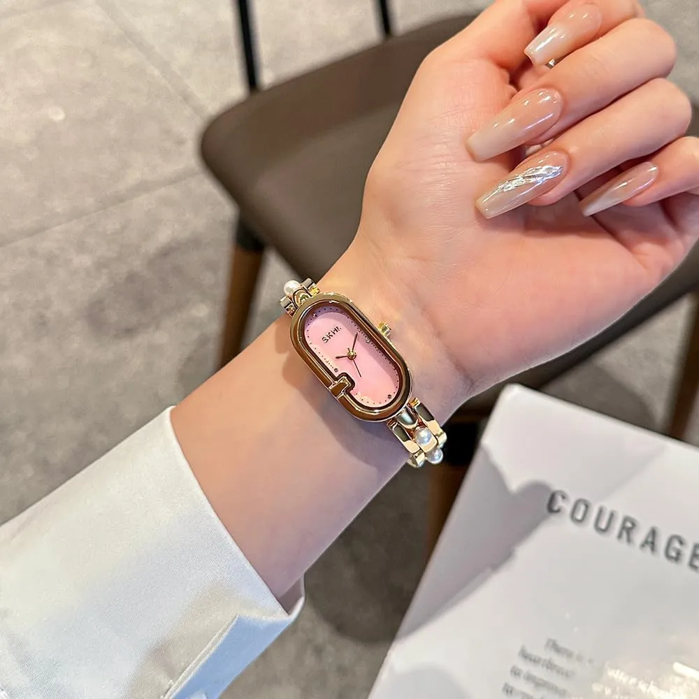 Watch Waterproof Elegant Ladies Analog Wristwatch CARLIEN Womens Luxury Petite Gold protection progress spark salinization reradiate Silver Rhinestone Oval Pearl Bracelet Quartz 