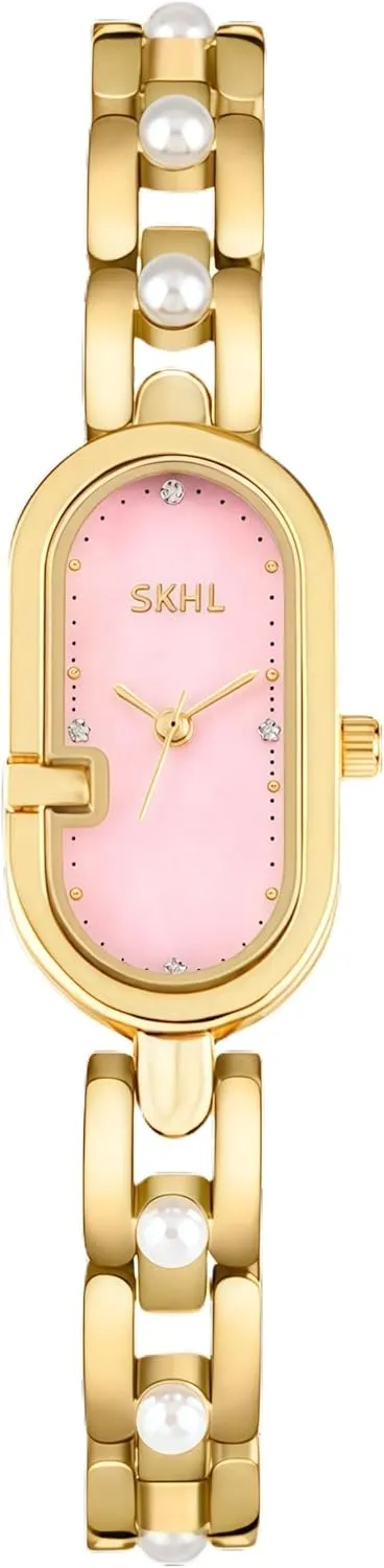 Watch Waterproof Elegant Ladies Analog Wristwatch CARLIEN Womens Luxury Petite Gold protection progress spark salinization reradiate Silver Rhinestone Oval Pearl Bracelet Quartz 