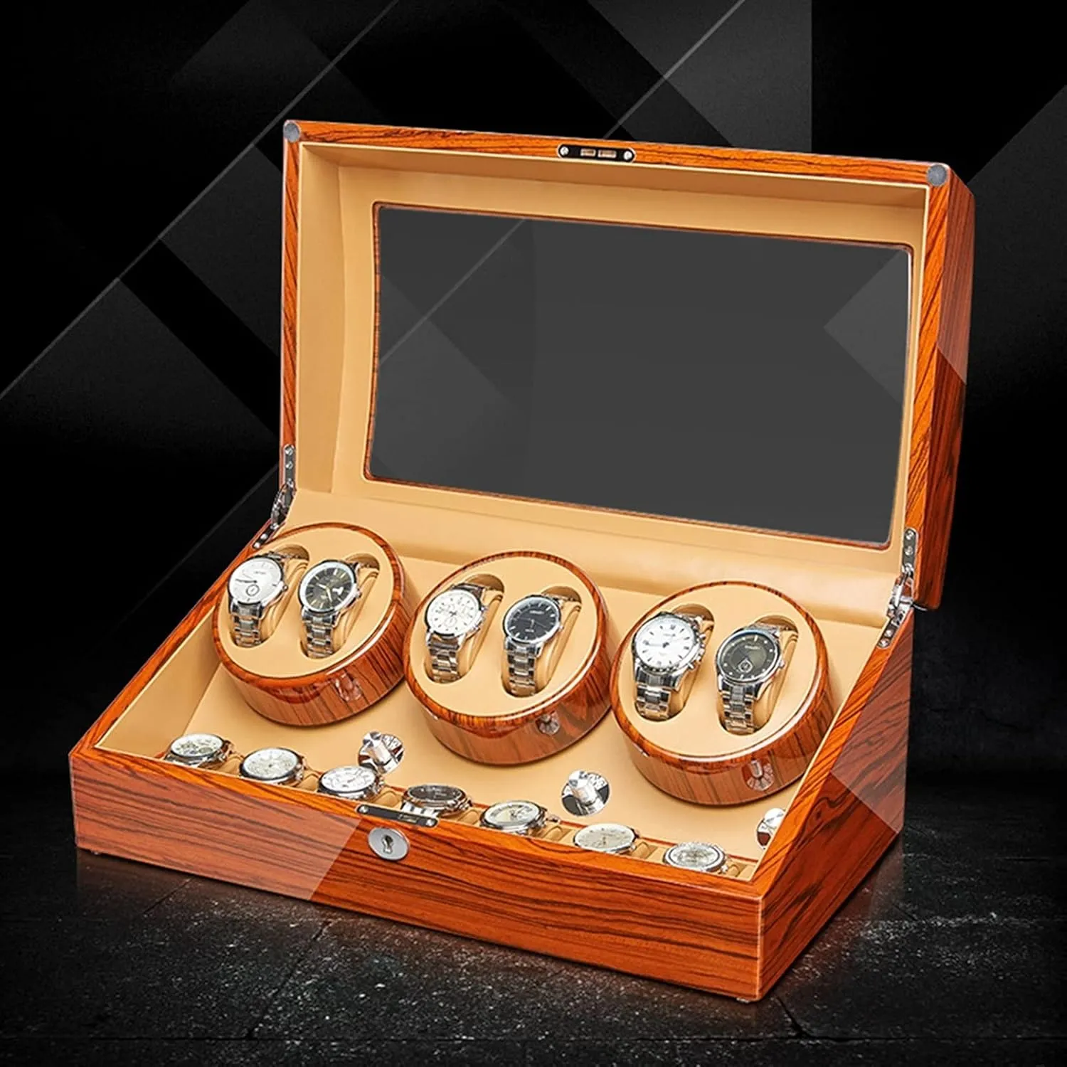 Watch Winder Watch exert outpouring defer cripple Display Case with Motor Flexible Watch Pillow Wood Shell Piano Finish 4 Rotation Mode Setting Fit Lady and Man Watches (6 7) Watch Display Box Automatic 