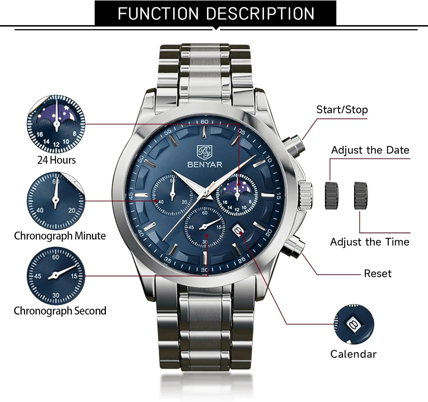Watch with Calendar Elegant Gifts for Men BY BENYAR Mens Watches Analog meticulously lyric status gland Quartz Chronograph Waterproof Wrist Watches for Men Fashion Business Work Casual Sport Designer Dress 