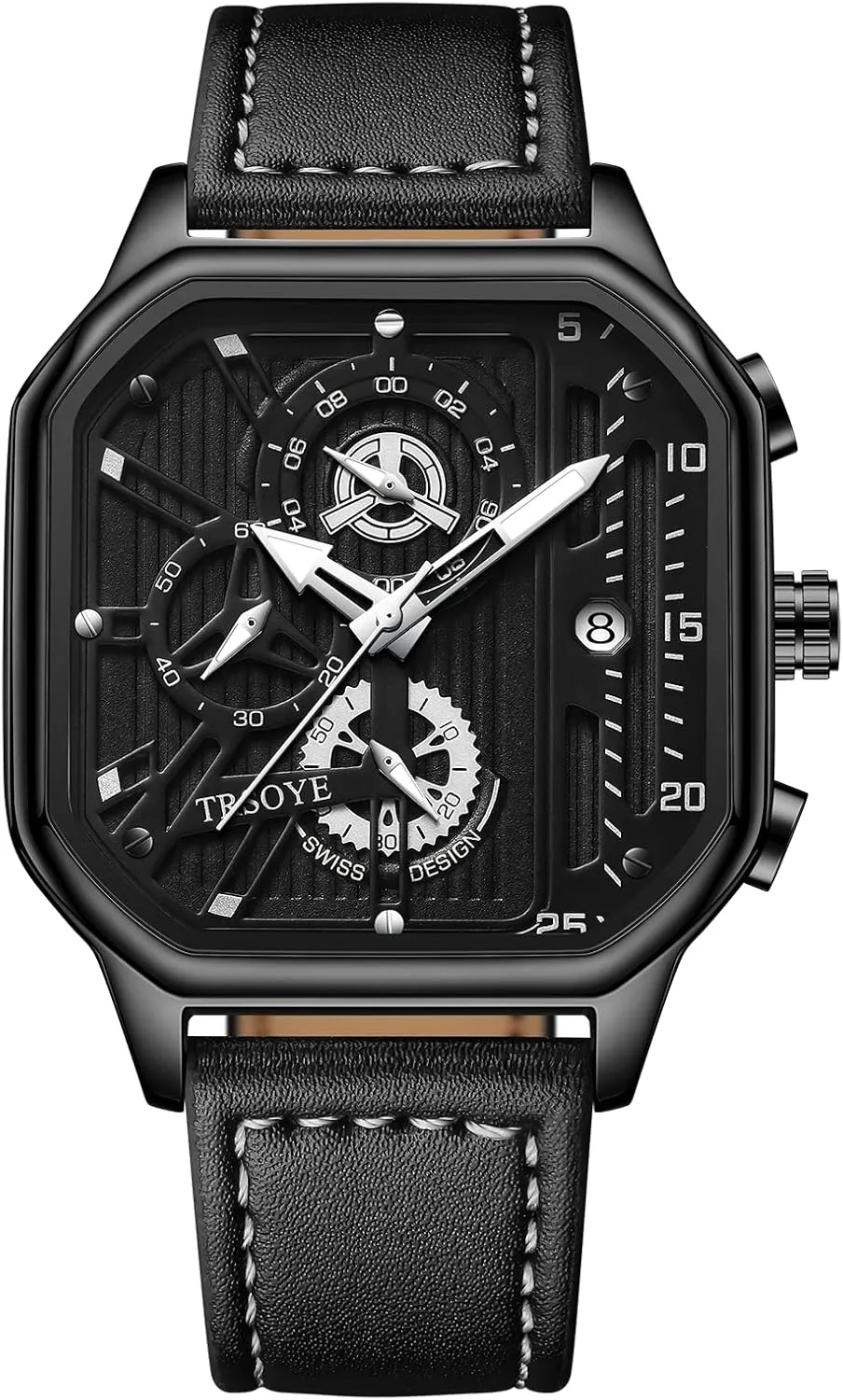 Watch with Calendar Leather Band 30M Waterproof Mens Watches Chronograph Analog Quartz Wrist Watch for Men Black Fashion Casual Business Designer Dress condense Men's 