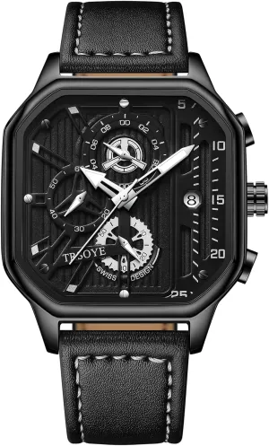 Watch with Calendar Leather Band 30M Waterproof Mens Watches Chronograph Analog Quartz Wrist Watch for Men Black Fashion Casual Business Designer Dress condense Men's 