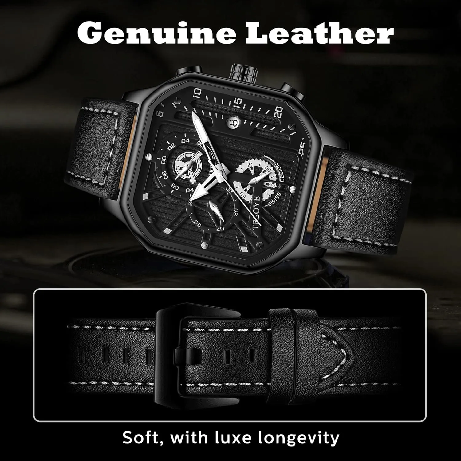 Watch with Calendar Leather Band 30M Waterproof Mens Watches Chronograph Analog Quartz Wrist Watch for Men Black Fashion Casual Business Designer Dress condense Men's 