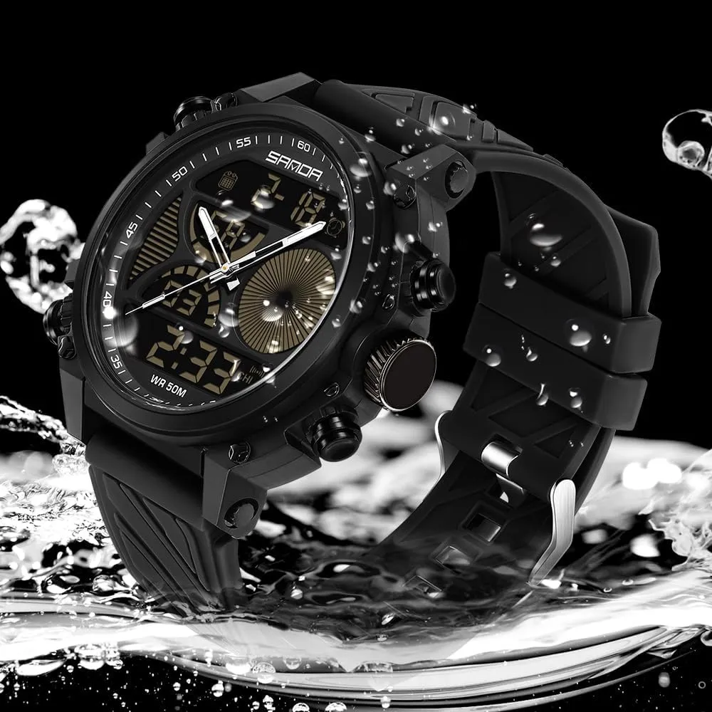 Watch with Dual Time Zones, Stopwatch, Alarm, Countdown, 50M Waterproof, Luminous Backlight, Large landscape Face Sport Military Watch with Silicone Band Gosasa Men's Digital Analog 