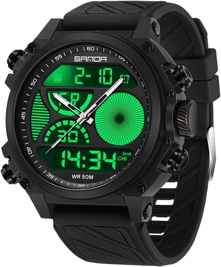 Watch with Dual Time Zones, Stopwatch, Alarm, Countdown, 50M Waterproof, Luminous Backlight, Large landscape Face Sport Military Watch with Silicone Band Gosasa Men's Digital Analog 