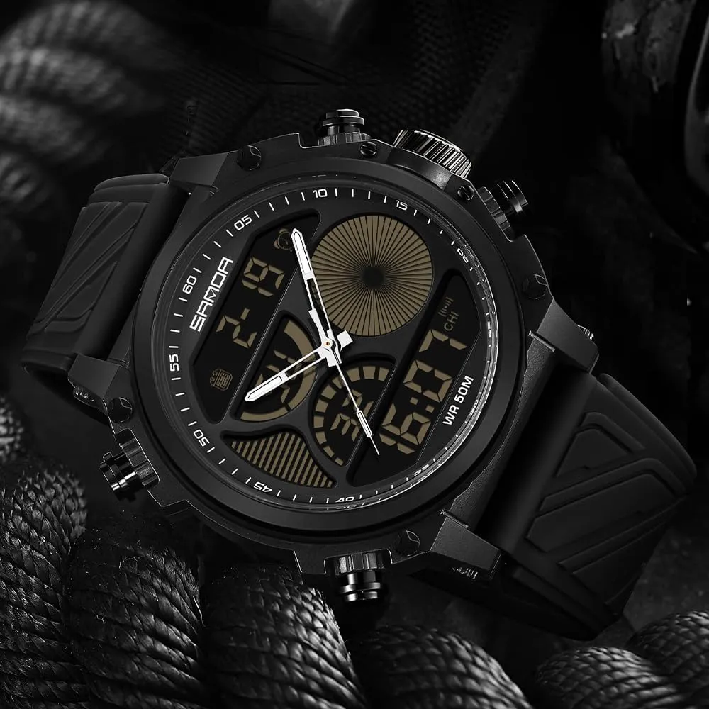 Watch with Dual Time Zones, Stopwatch, Alarm, Countdown, 50M Waterproof, Luminous Backlight, Large landscape Face Sport Military Watch with Silicone Band Gosasa Men's Digital Analog 