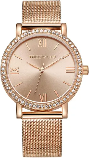 Watch with pet earthenware Stainless Steel Mesh Strap Ladies Watches Roman Numerals Dial Elegant Women's Analog Quartz Rose Gold Wrist 