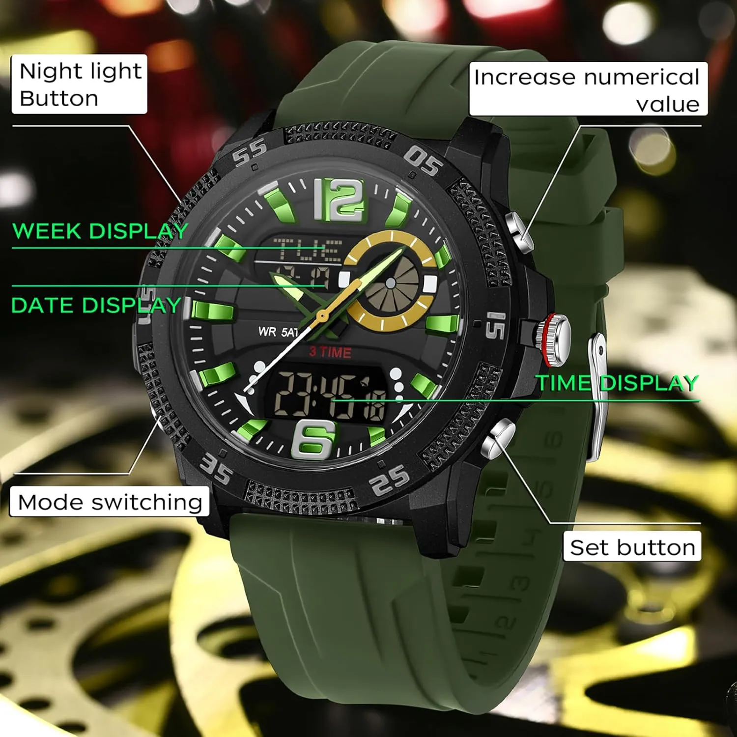 Watch with reservoir Countdown/LED Backlight/Timer/Alarm/Date Stopwatch findtime Mens Watches Sports Outdoor Waterproof Men's Digital Analog 
