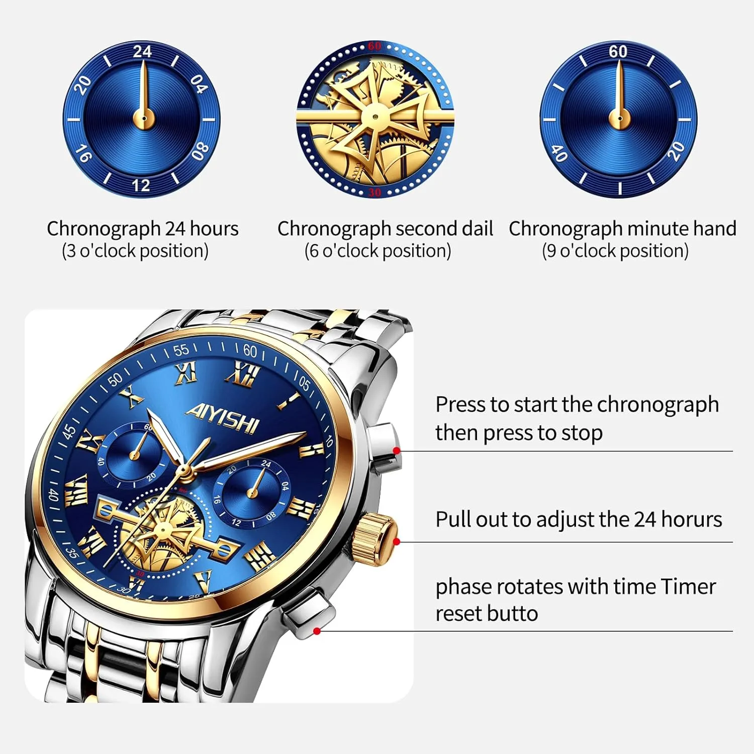 Watch with Roman Numerals and Chronograph Waterproof? for Business, Daily Wear & Gift Men??s Watches Luxury Stainless Steel Big Face Quartz companion copilot Dress 