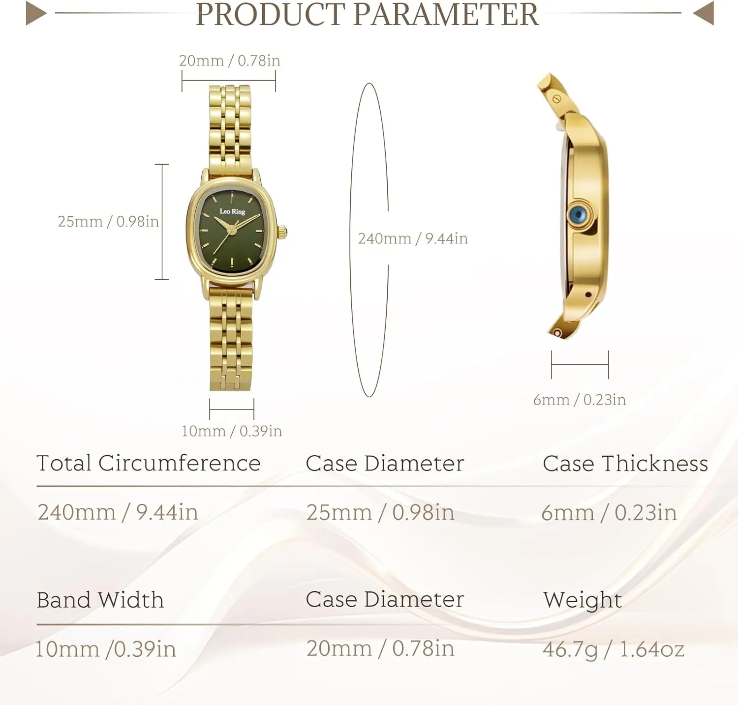 Watch with Stainless Steel Oblong Case, Small & Elegant, Includes Adjustment Tool Gold Watches for Women woodworking Luxury Analog Wristwatch, Dainty Fashion 