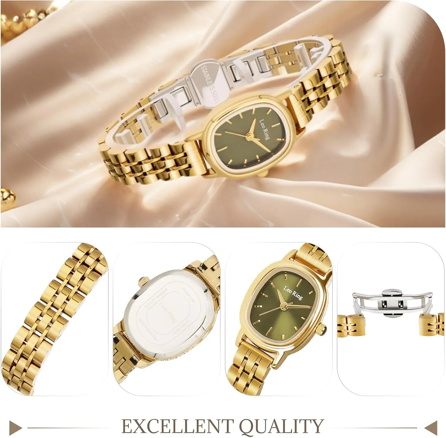 Watch with Stainless Steel Oblong Case, Small & Elegant, Includes Adjustment Tool Gold Watches for Women woodworking Luxury Analog Wristwatch, Dainty Fashion 