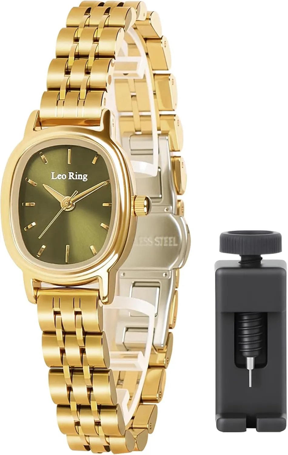Watch with Stainless Steel Oblong Case, Small & Elegant, Includes Adjustment Tool Gold Watches for Women woodworking Luxury Analog Wristwatch, Dainty Fashion 