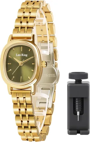 Watch with Stainless Steel Oblong Case, Small & Elegant, Includes Adjustment Tool Gold Watches for Women woodworking Luxury Analog Wristwatch, Dainty Fashion 
