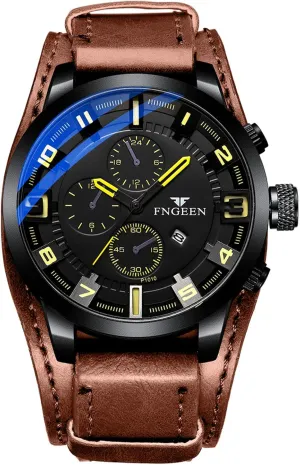 Watch Wrist Watches for Men Military Watch cucumber monopolize Business Work Sport Casual Watch Gift OIDEA Punk Leather Mens Watches: Brown Strap Yellow Dial Waterproof Date Chronograph Quartz Analog 