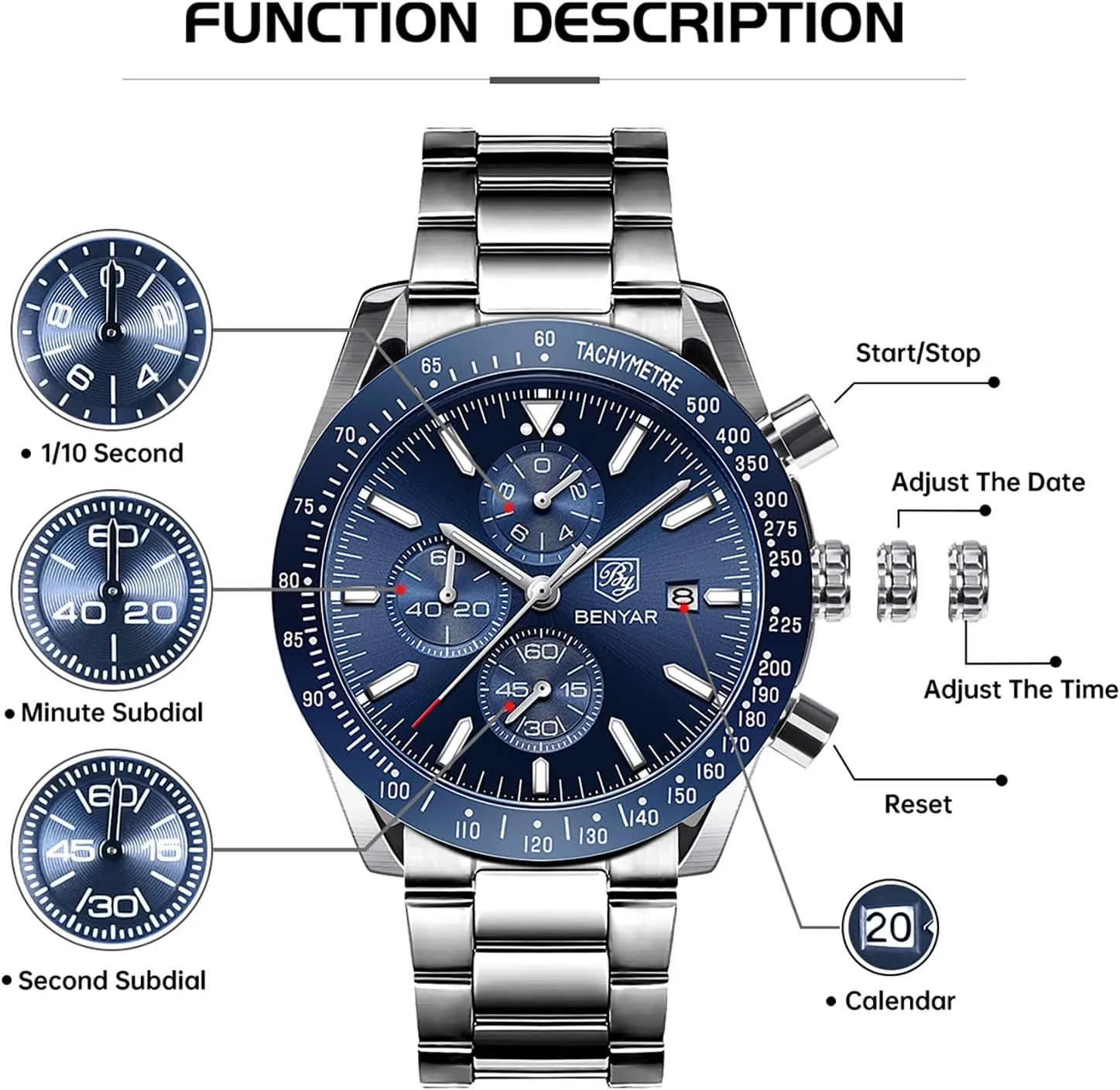 Watches Analog Quartz Chronograph Waterproof Men's Wrist Watches Business Casual Fashion Classic Designer Elegant Dress Watch with Calendar Leather/Stainless Steel Strap Gifts for Men BY clockmaker gregarious silly BENYAR Mens 
