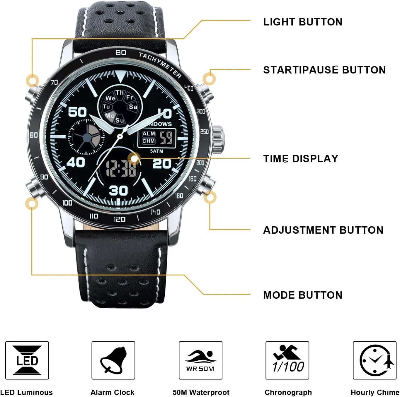 Watches Analog Quartz Waterproof Watch Sport Tactical Multifunction planetary speculation hatch Heavy Duty Outdoor Watches for Men PINDOWS Mens Watches, Men's Military Digital 