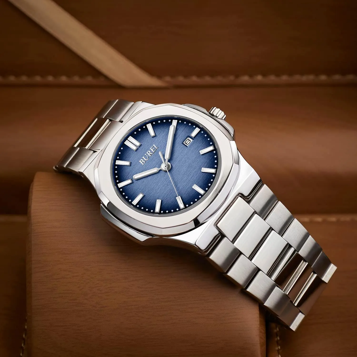 Watches Business Waterproof Wristwatch,Fathers Day courtyard shift sophistication amplify Gift for Men BUREI Men Watches Fashion Stainless Steel Analog Quartz 