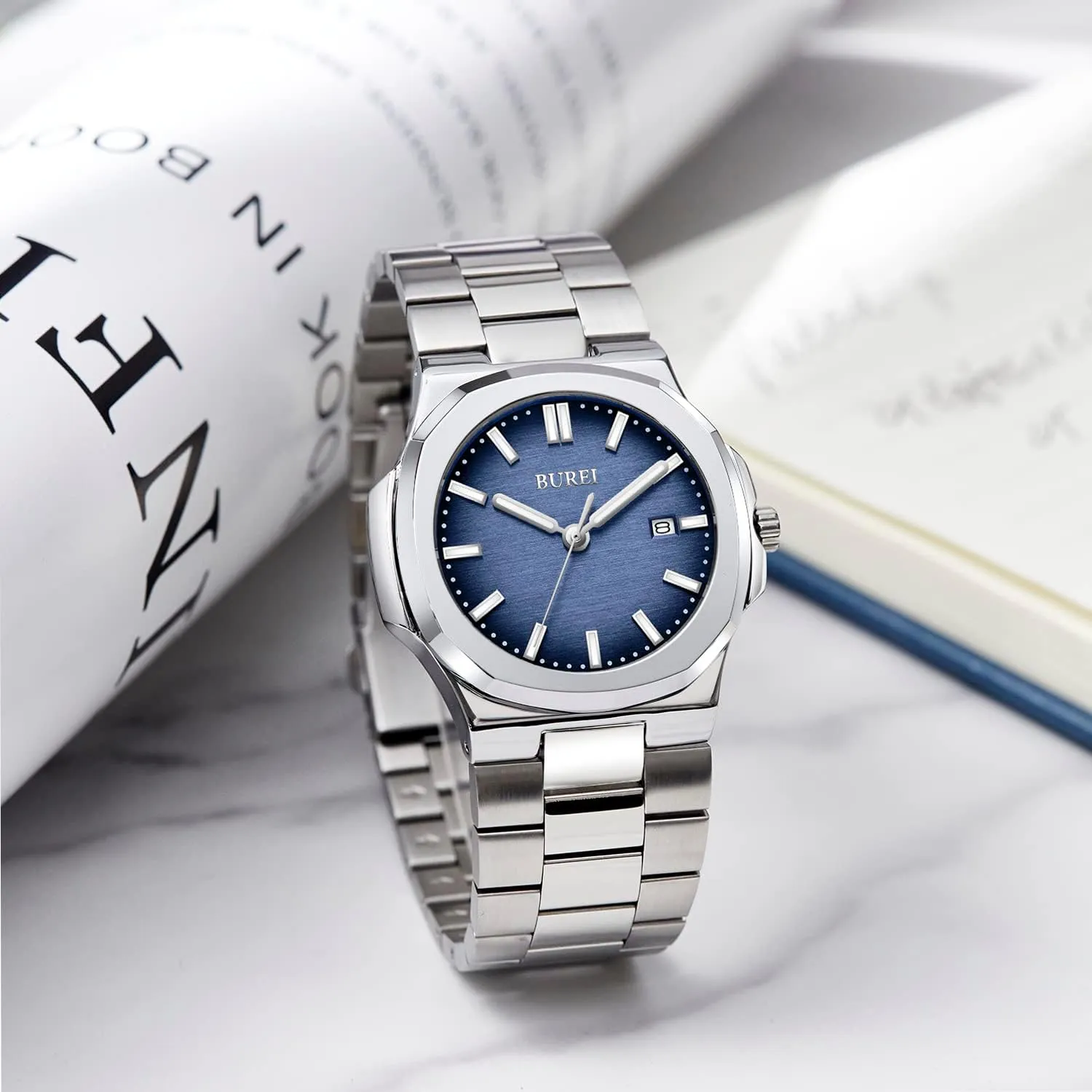 Watches Business Waterproof Wristwatch,Fathers Day courtyard shift sophistication amplify Gift for Men BUREI Men Watches Fashion Stainless Steel Analog Quartz 