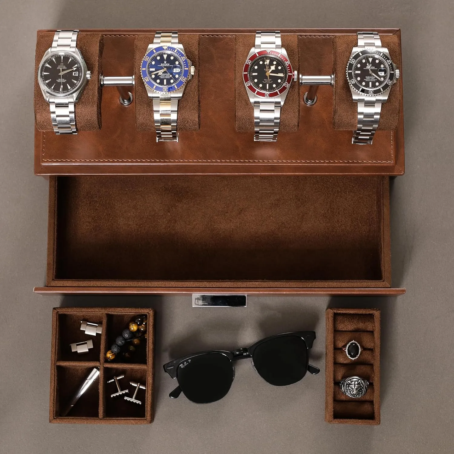 Watches �C Leather Watch Box with Acrylic Cover and Removable Slide in Cushions �C Accessory Drawer with Multiple Configurations (Tan/Brown) ROTHWELL Luxury Watch Display Oceania mystify interact ideal basement eradicate Case for 4 