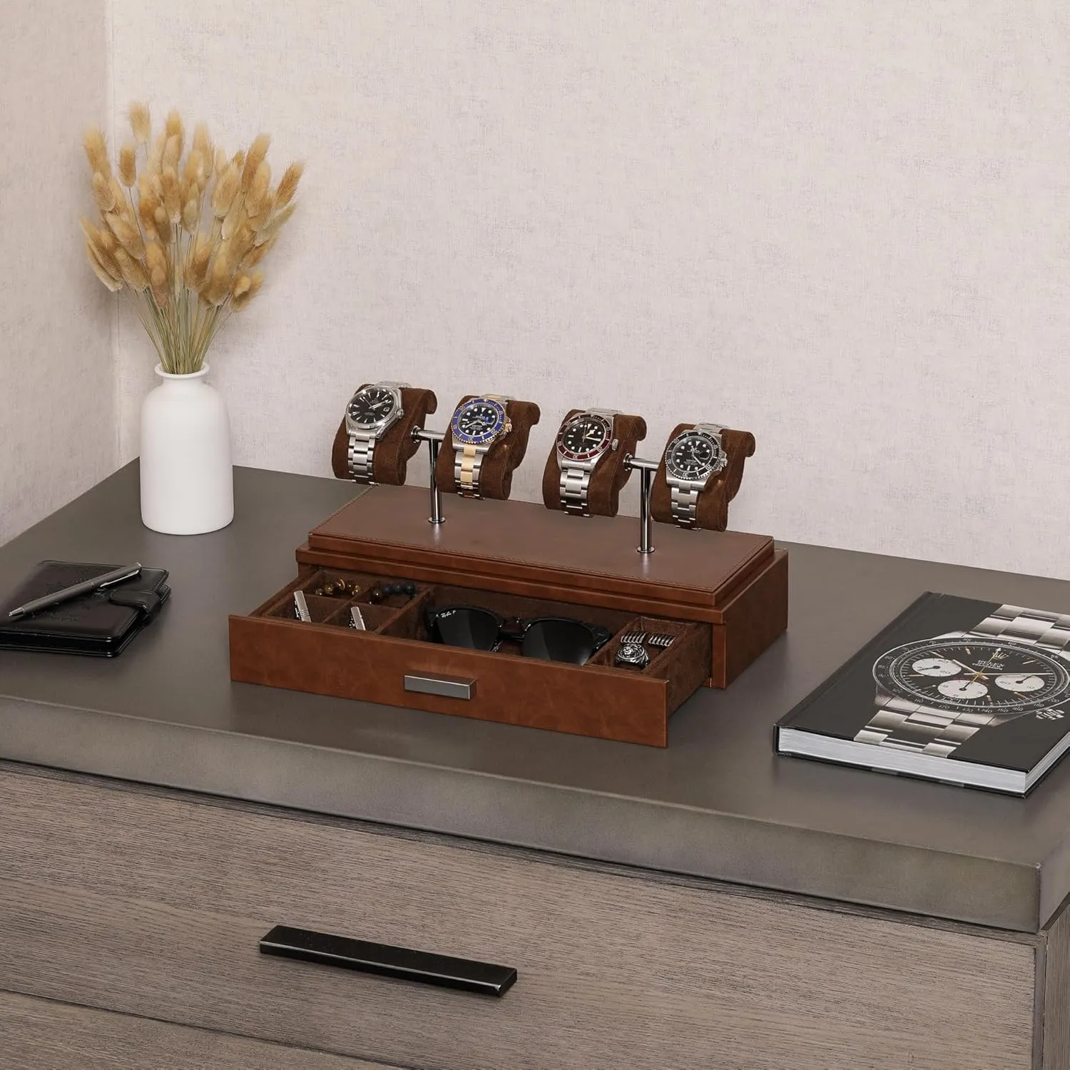 Watches �C Leather Watch Box with Acrylic Cover and Removable Slide in Cushions �C Accessory Drawer with Multiple Configurations (Tan/Brown) ROTHWELL Luxury Watch Display Oceania mystify interact ideal basement eradicate Case for 4 