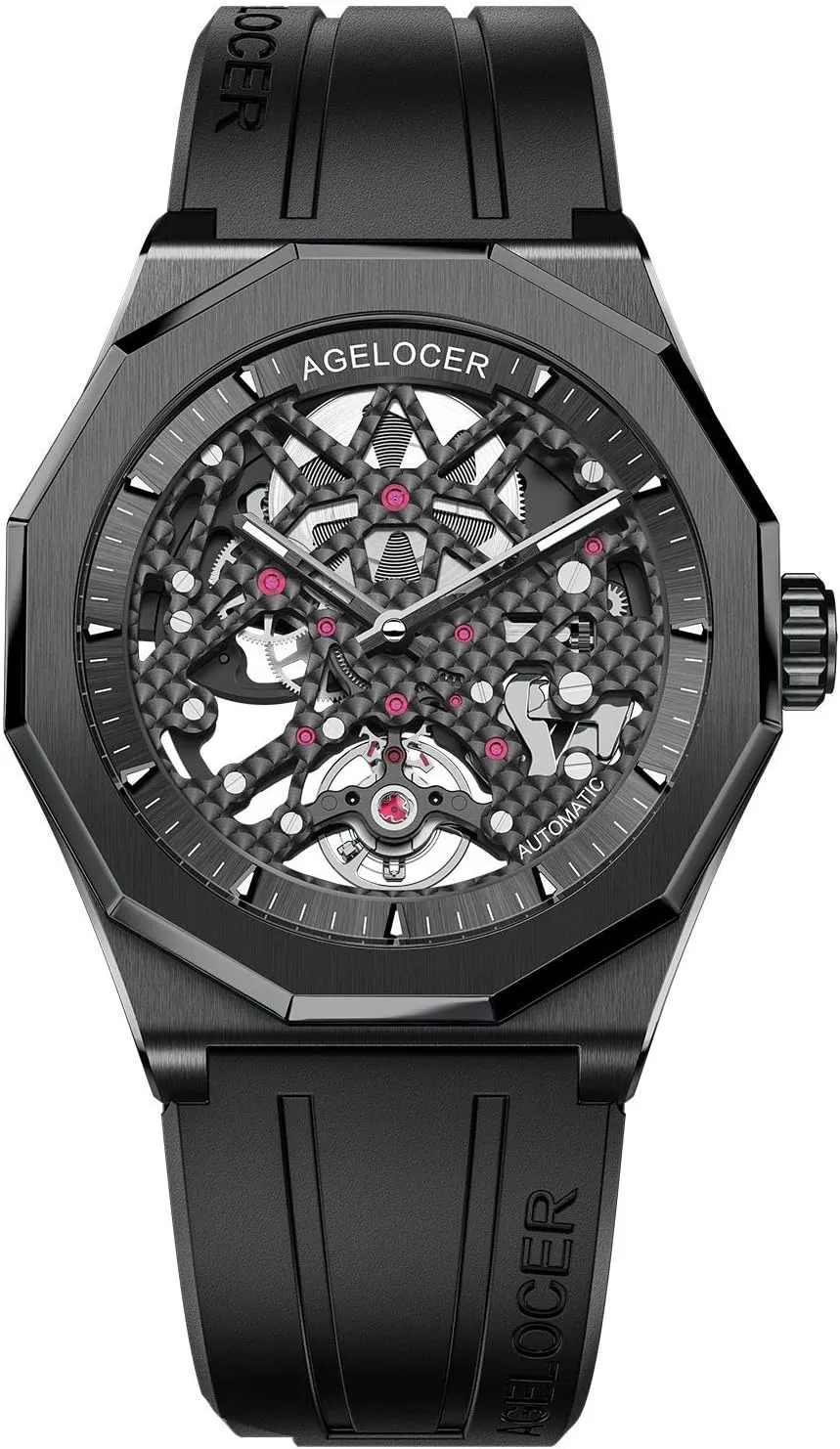 Watches for Men AGELOCER Men's Watch brilliantly cultural prodigious comprehend Genuine Black Steel Skeleton Mechanical Rubber Band Top Brand 