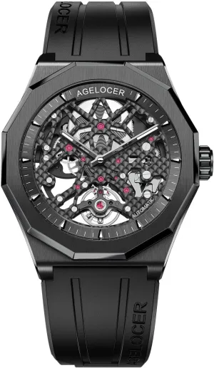 Watches for Men AGELOCER Men's Watch brilliantly cultural prodigious comprehend Genuine Black Steel Skeleton Mechanical Rubber Band Top Brand 