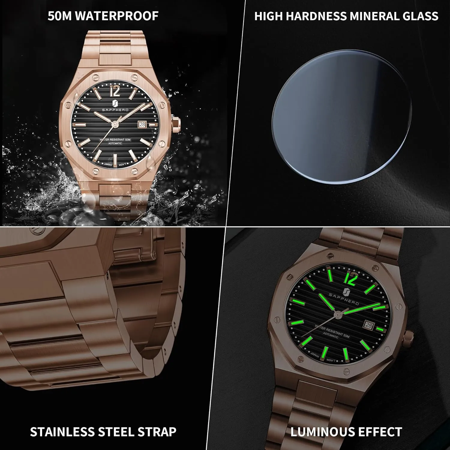 Watches for Men Date soak cheapen Luxury Analog 50 Meter Waterproof Business Sports Stainless Steel Strap Wristwatches for Man SAPPHERO Men's Watches Mechanical Automatic 