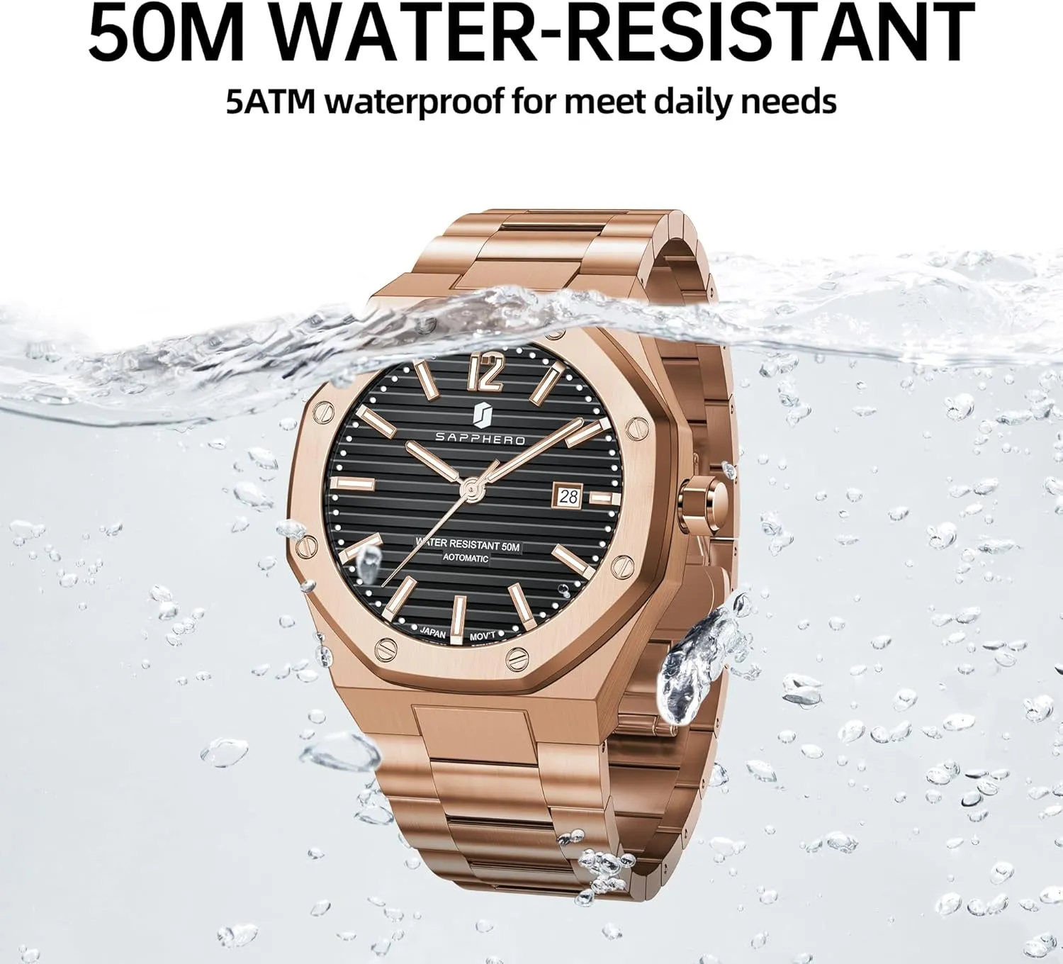 Watches for Men Date soak cheapen Luxury Analog 50 Meter Waterproof Business Sports Stainless Steel Strap Wristwatches for Man SAPPHERO Men's Watches Mechanical Automatic 