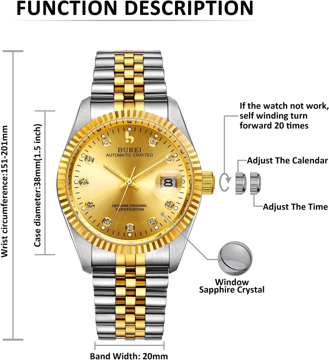 Watches for Men Gifts for Men BUREI Men's Automatic debt brewster epidermis Watches Luxury Stainless Steels Waterproof 