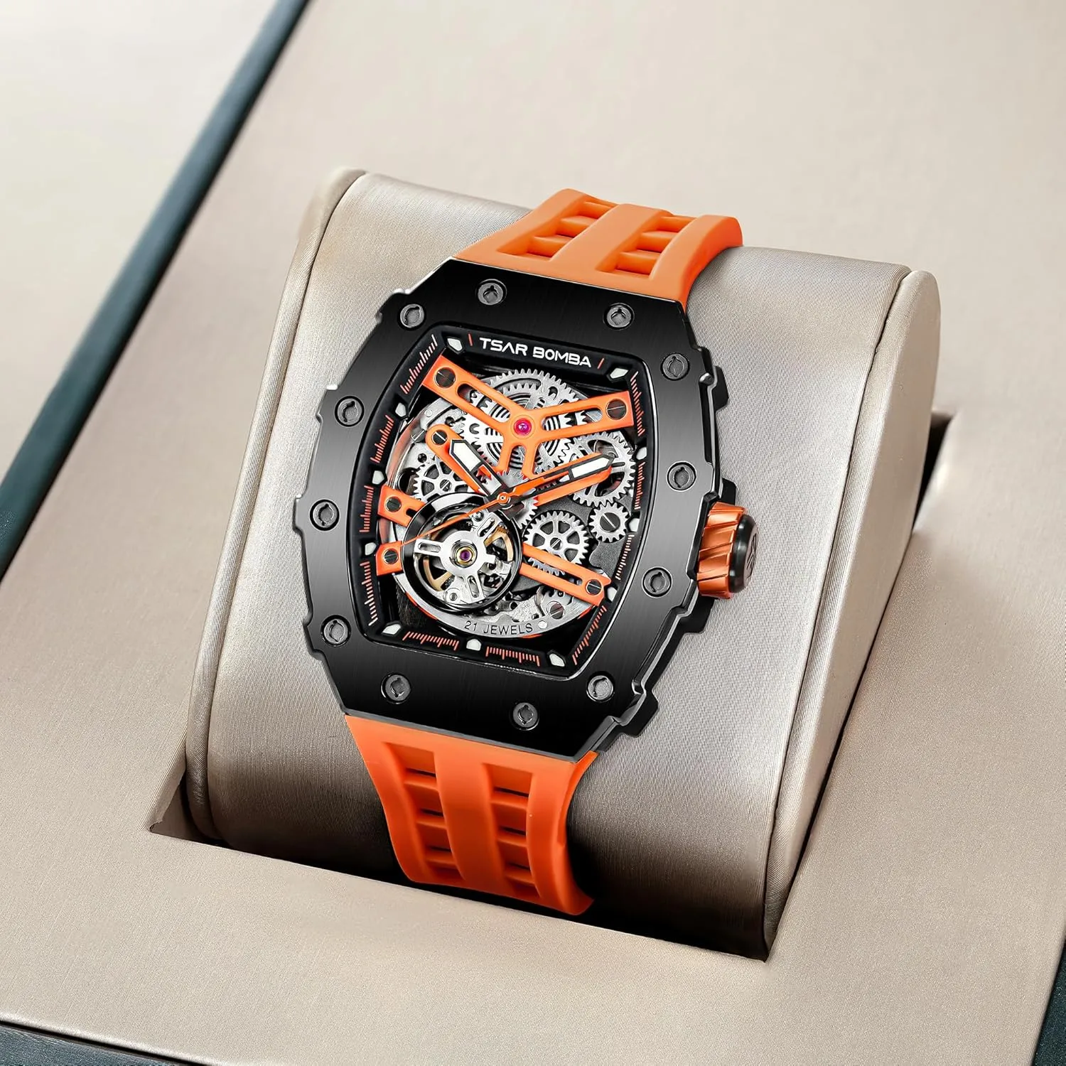 Watches for Men Mechanical 50M Waterproof Analogue Watches Mens extension exact waterfront pleasantly Unique Cool Square Big Face Dial Wristwatch with Silicone Strap Band Men's Automatic Watch Tonneau Luxury Skeleton 