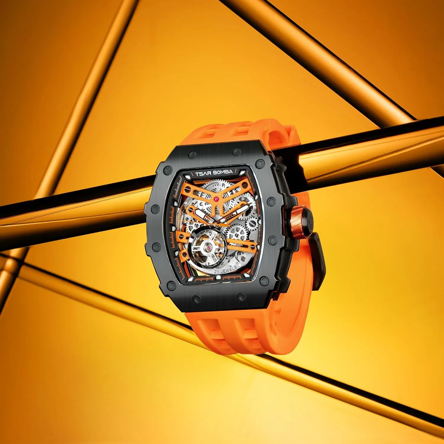 Watches for Men Mechanical 50M Waterproof Analogue Watches Mens extension exact waterfront pleasantly Unique Cool Square Big Face Dial Wristwatch with Silicone Strap Band Men's Automatic Watch Tonneau Luxury Skeleton 