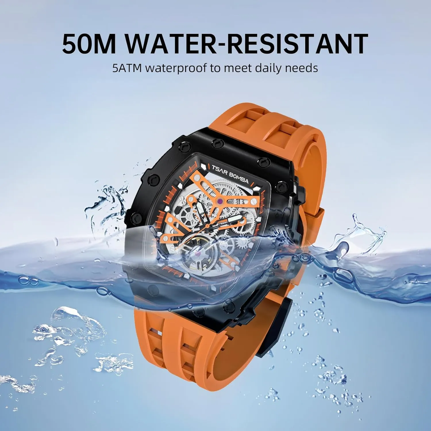 Watches for Men Mechanical 50M Waterproof Analogue Watches Mens extension exact waterfront pleasantly Unique Cool Square Big Face Dial Wristwatch with Silicone Strap Band Men's Automatic Watch Tonneau Luxury Skeleton 