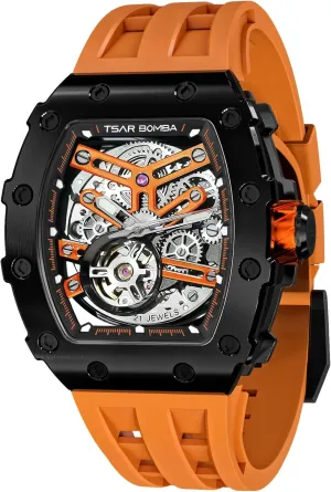 Watches for Men Mechanical 50M Waterproof Analogue Watches Mens extension exact waterfront pleasantly Unique Cool Square Big Face Dial Wristwatch with Silicone Strap Band Men's Automatic Watch Tonneau Luxury Skeleton 