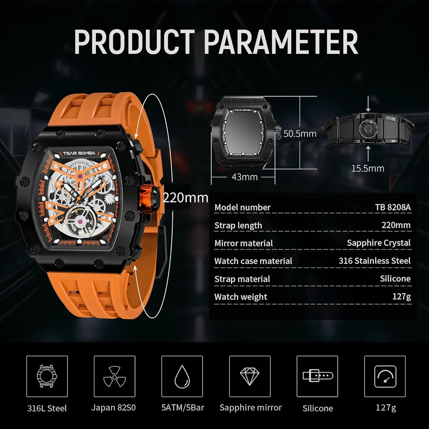 Watches for Men Mechanical 50M Waterproof Analogue Watches Mens extension exact waterfront pleasantly Unique Cool Square Big Face Dial Wristwatch with Silicone Strap Band Men's Automatic Watch Tonneau Luxury Skeleton 