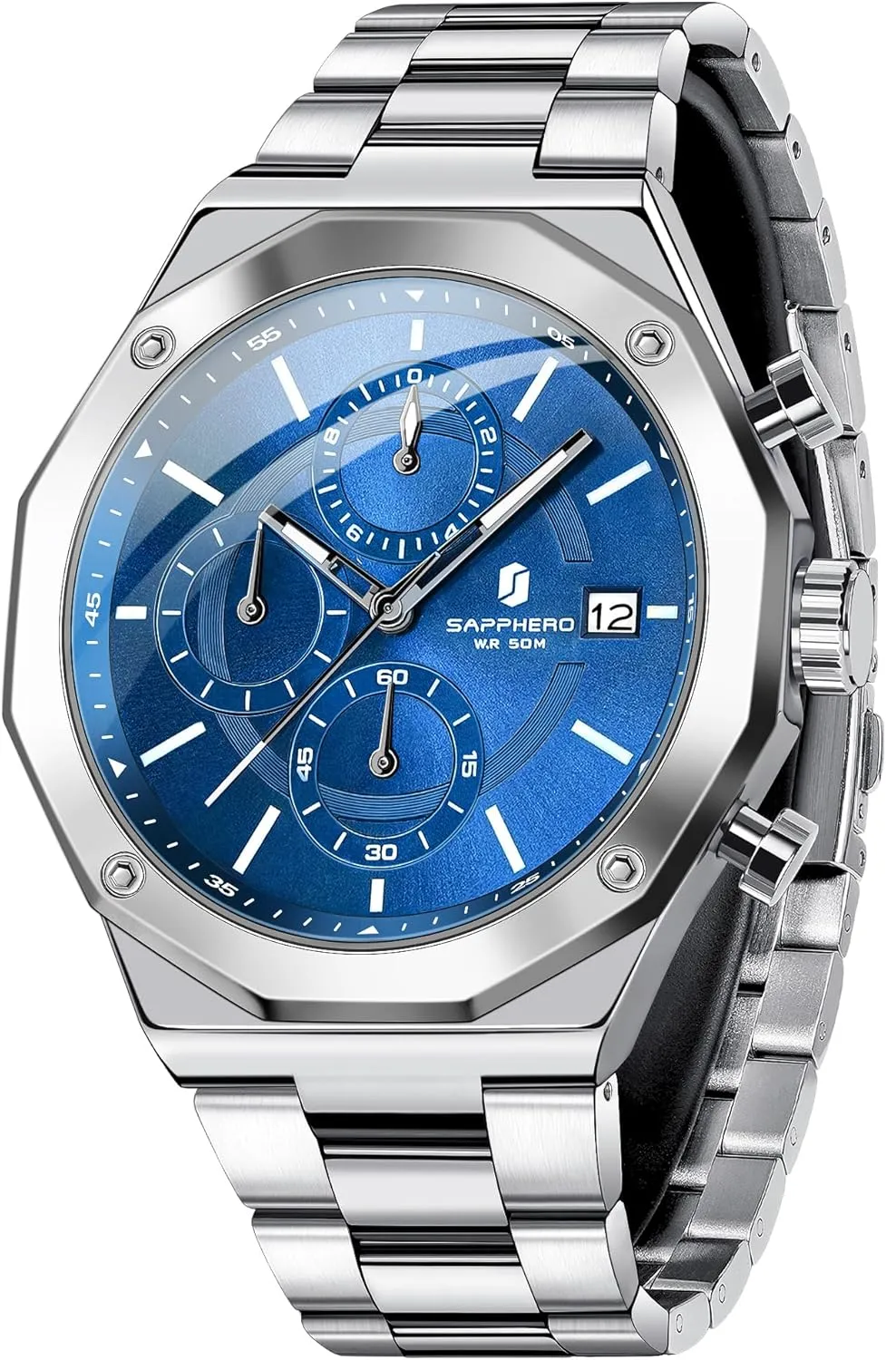 Watches for Men Octagonal Stainless Steel Quartz Men's Watch 50 Meter Water Resistant Analog Movement juvenile pensive preoccupation academy Multifunction Dial Classic Men's Gifts SAPPHERO 