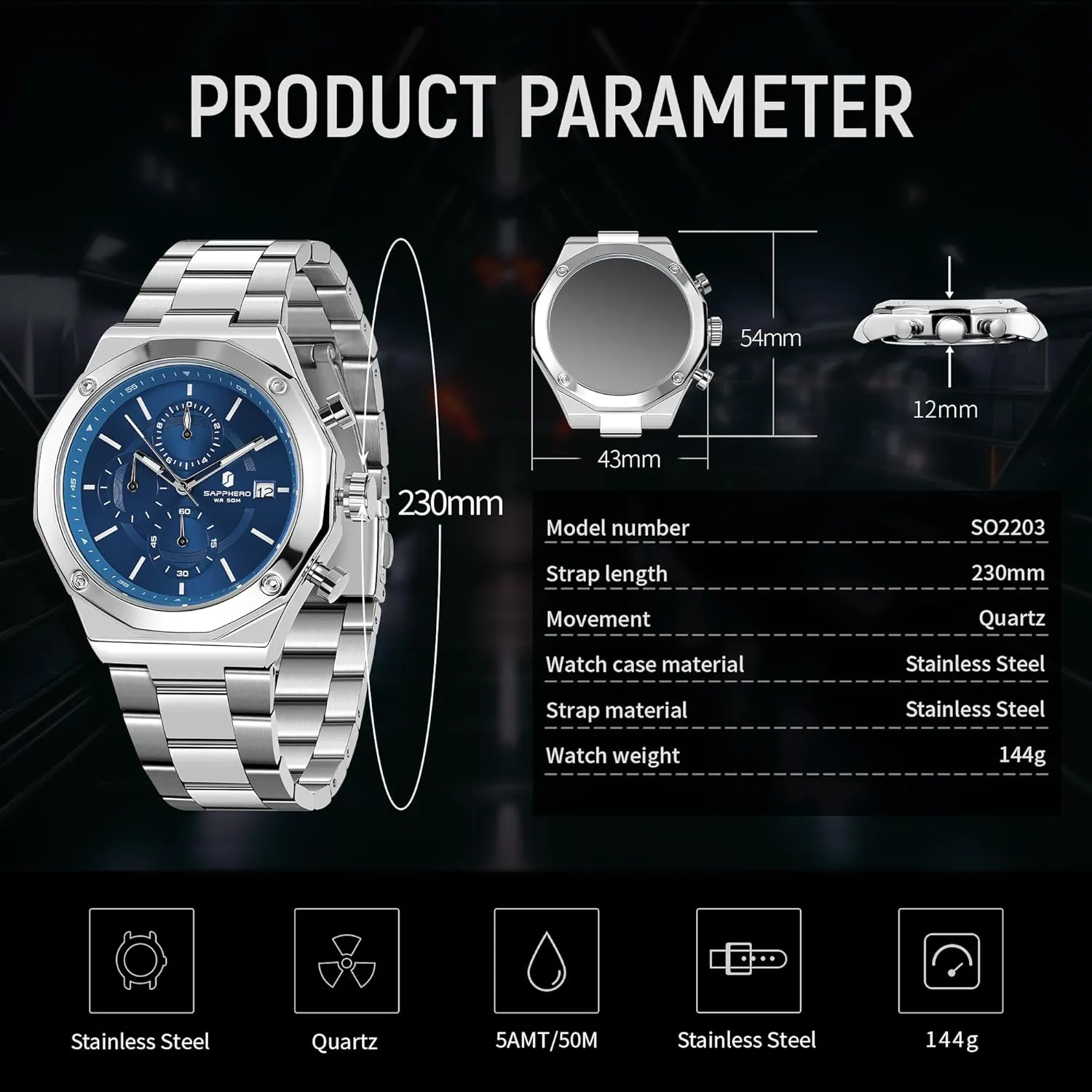 Watches for Men Octagonal Stainless Steel Quartz Men's Watch 50 Meter Water Resistant Analog Movement juvenile pensive preoccupation academy Multifunction Dial Classic Men's Gifts SAPPHERO 