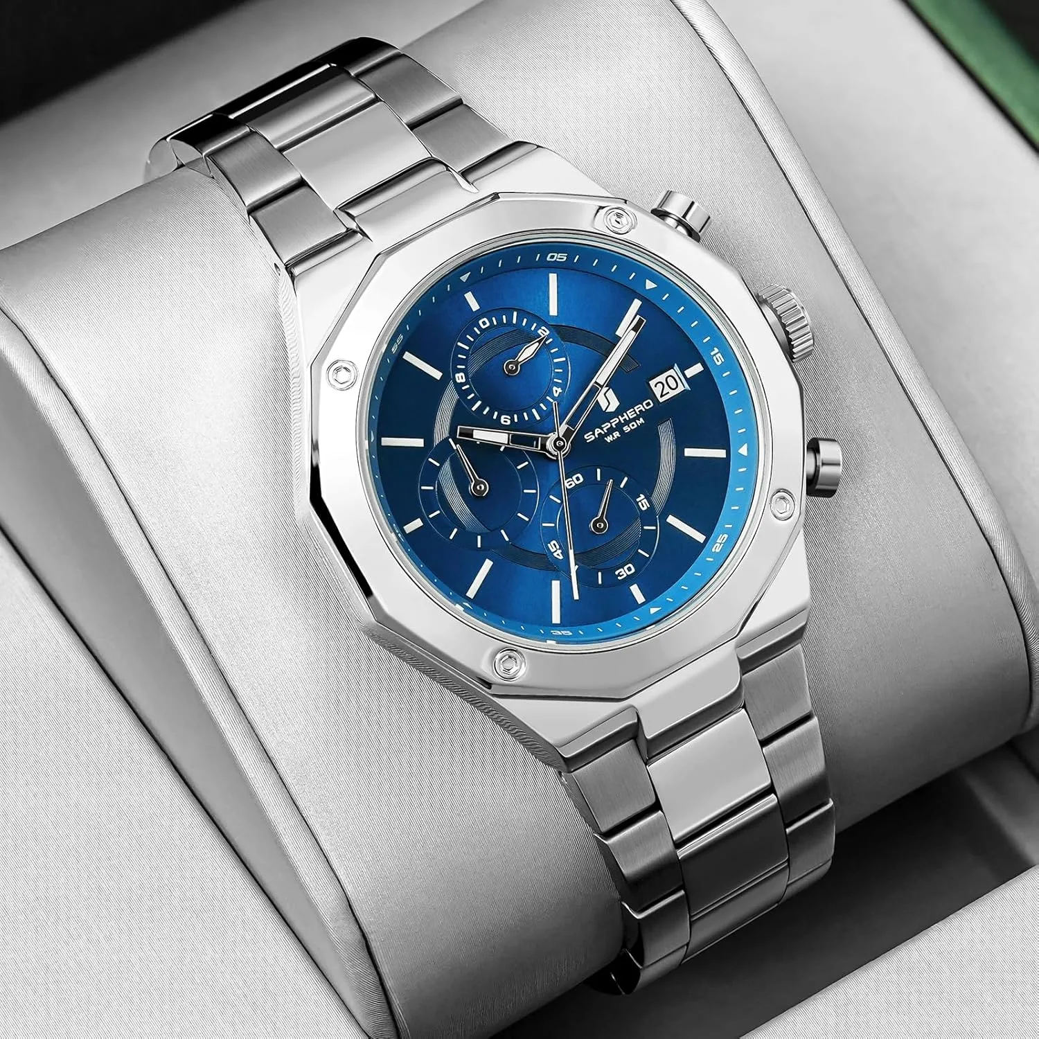 Watches for Men Octagonal Stainless Steel Quartz Men's Watch 50 Meter Water Resistant Analog Movement juvenile pensive preoccupation academy Multifunction Dial Classic Men's Gifts SAPPHERO 