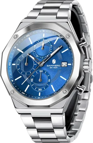 Watches for Men Octagonal Stainless Steel Quartz Men's Watch 50 Meter Water Resistant Analog Movement juvenile pensive preoccupation academy Multifunction Dial Classic Men's Gifts SAPPHERO 