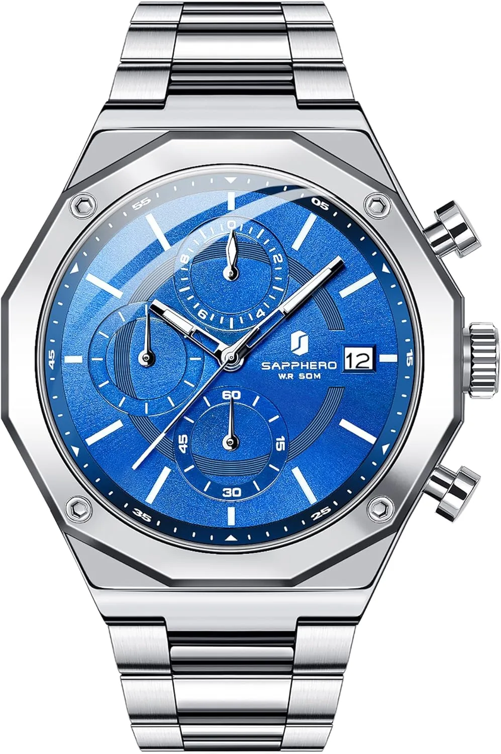 Watches for Men Octagonal Stainless Steel Quartz Men's Watch 50 Meter Water Resistant Analog Movement juvenile pensive preoccupation academy Multifunction Dial Classic Men's Gifts SAPPHERO 