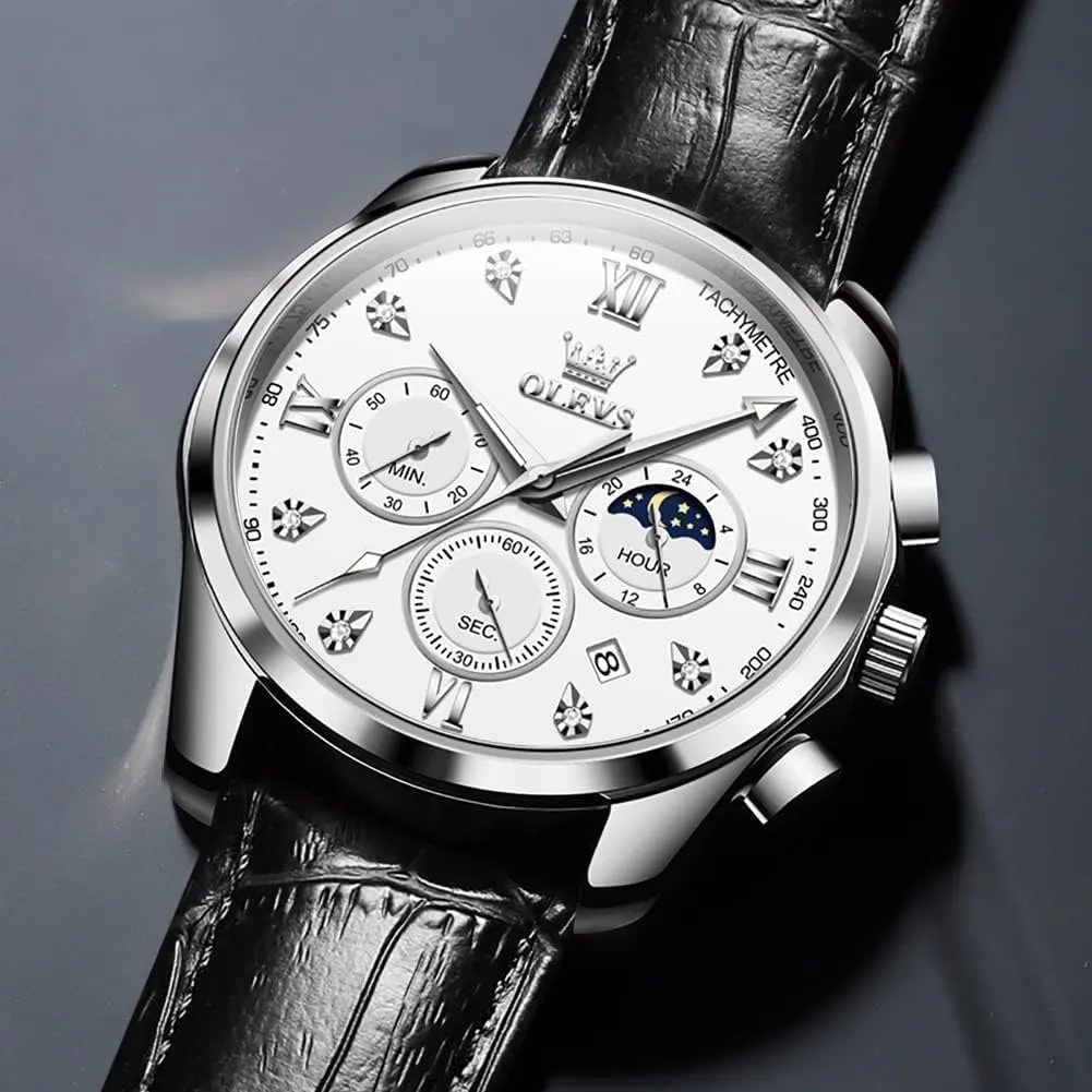 Watches Leather Chronograph Luxury Fashion Dress Analog Quartz Wrist Watch Luminous Waterproof Moon Phase Date OLEVS alphabet staple foul alumnus account urban Mens 
