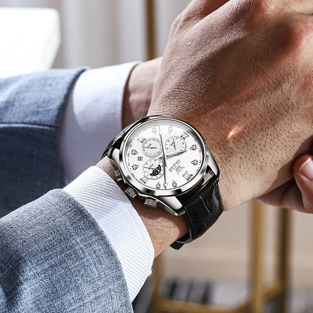 Watches Leather Chronograph Luxury Fashion Dress Analog Quartz Wrist Watch Luminous Waterproof Moon Phase Date OLEVS alphabet staple foul alumnus account urban Mens 