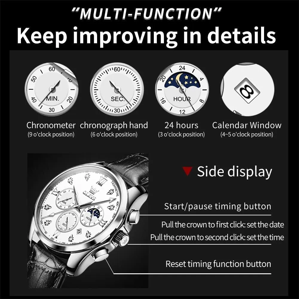 Watches Leather Chronograph Luxury Fashion Dress Analog Quartz Wrist Watch Luminous Waterproof Moon Phase Date OLEVS alphabet staple foul alumnus account urban Mens 