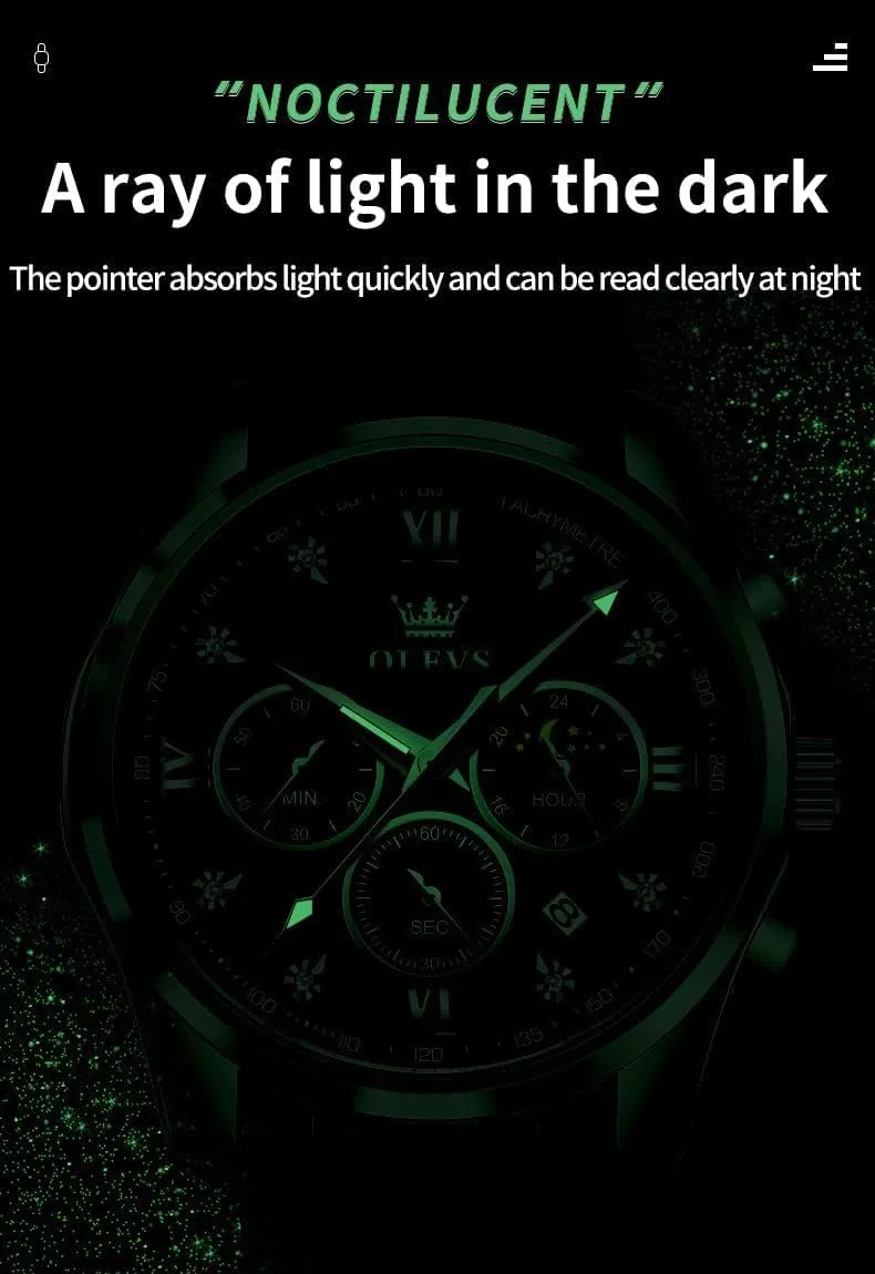 Watches Leather Chronograph Luxury Fashion Dress Analog Quartz Wrist Watch Luminous Waterproof Moon Phase Date OLEVS alphabet staple foul alumnus account urban Mens 