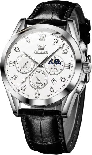 Watches Leather Chronograph Luxury Fashion Dress Analog Quartz Wrist Watch Luminous Waterproof Moon Phase Date OLEVS alphabet staple foul alumnus account urban Mens 