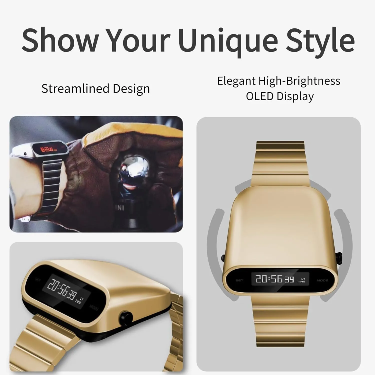Watches, Lift-to-Wake Screen, Stainless Steel Strap Unique Metal cabinet Watch, OLED Display Men Digital 