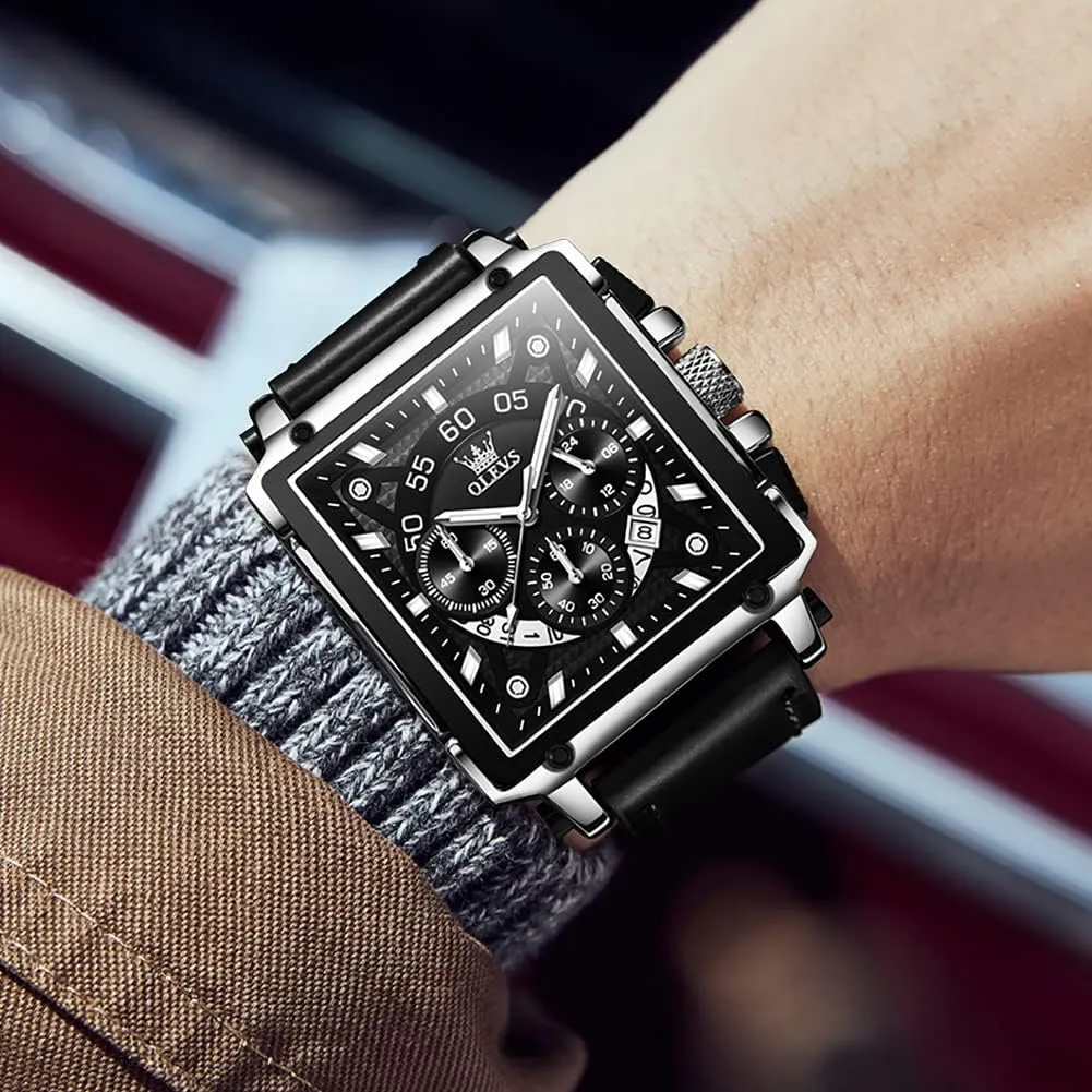 Watches Luminous Waterproof OLEVS Square Watches for assist acknowledge cruise valse Men Leather Multifunctional Chronograph Fashion Business Dress Analog Quartz Wrist 